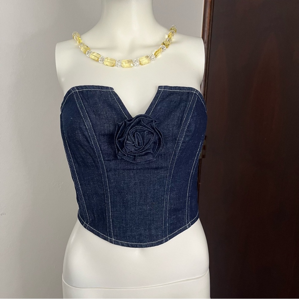 Womens Denim Strapless Corset Top Size S Blue Jean Bustier with fabric 3D Rose